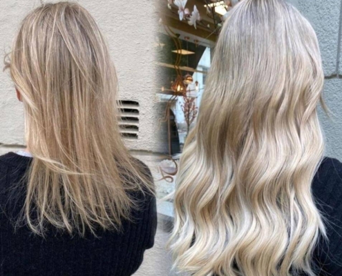 before and after image of fine hair with hair extensions