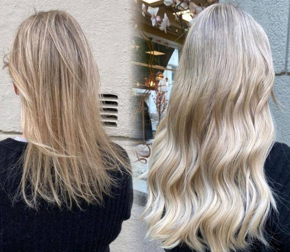 before and after image of fine hair with hair extensions